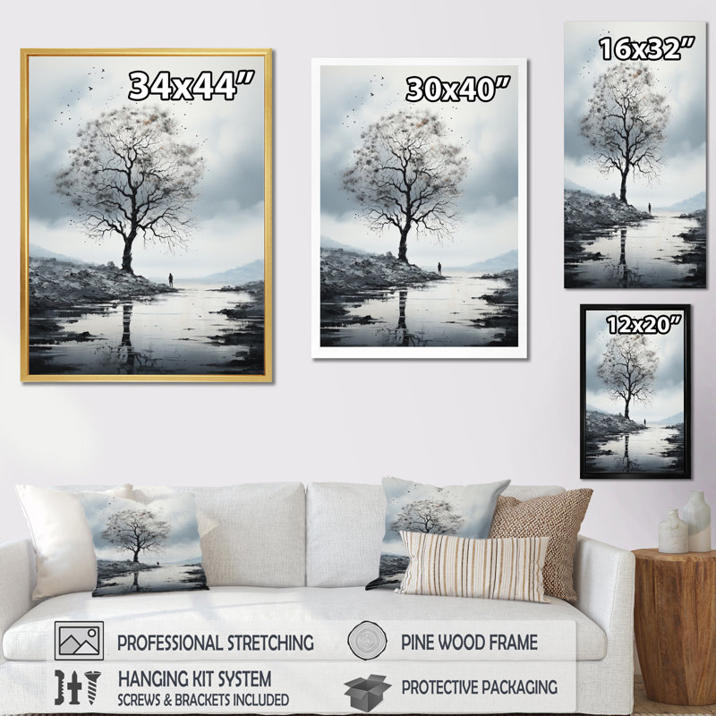 Arbre de Lynnai gris minimalisme solitude II, H 32 po x l 24 po x P 1 po, Encadrement doré