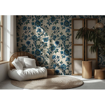 Blue Chinoiserie Floral Wallpaper with Teal Flowers and Green Leaves
