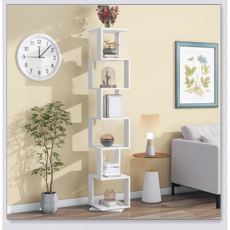 6 tier Rotating Bookshelf, Floor Rack Simple Bookcase  with Acrylic plate Student Multi-Function, White