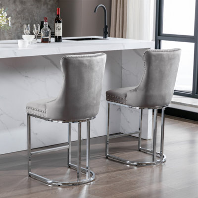 Modern Velvet Barstools With Button BackRivet Trim Upholstered Kitchen Island Chairs