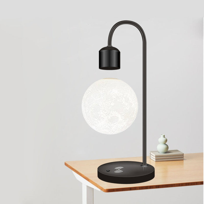 Levitating Moon LED Lamp with Wireless Phone Charger, Black