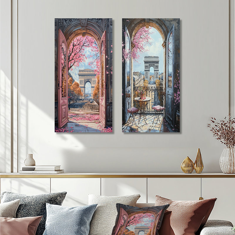 «Pink Arc De Triomphe Windows View I - Paris», ensemble de 2 reproductions d'art mural en métal, 32" H x 32" W
