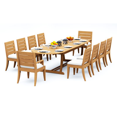 13 Pcs Grade-A Teak Wood Dining Set: 118" Double Extension Mas Oval Trestle Leg Table And 12 Atnas  Chairs (2 Arm & 10 Armless Chairs) #11AT2702
