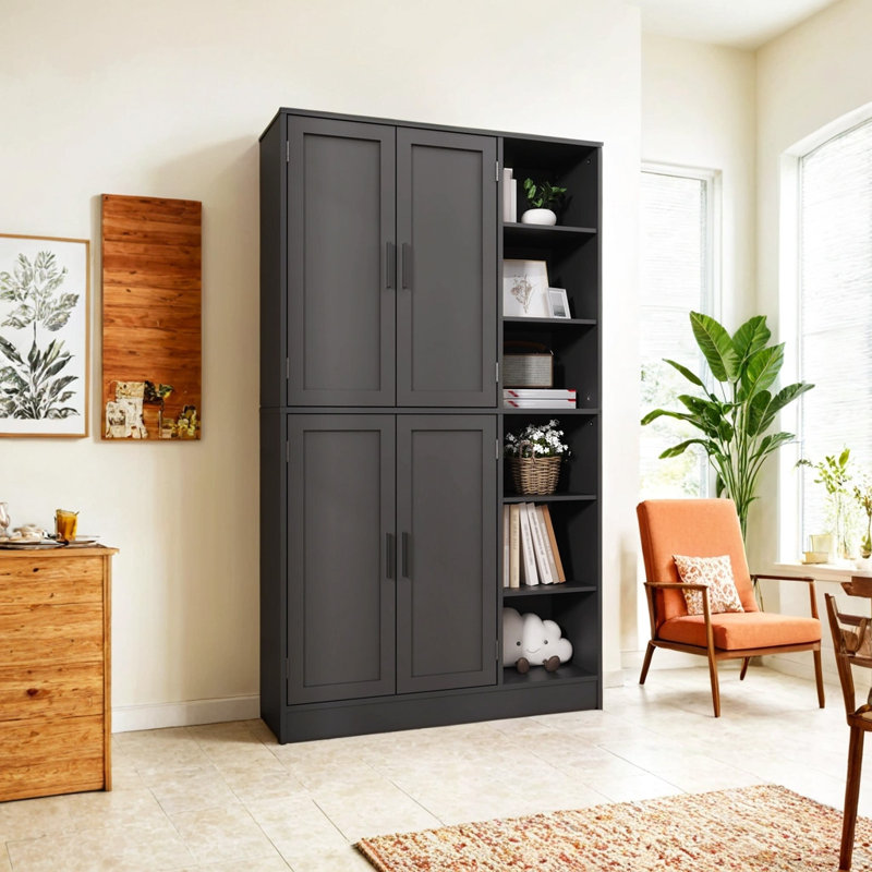 Armoire de cuisine blanche de 63 po de hauteur, armoire de rangement avec 4 portes et armoire de cuisine autoportante, Noir