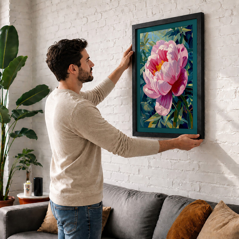 Peony in Bloom Botanical - Framed Print, A1 - 84.1 x 59.4 cm, Oak