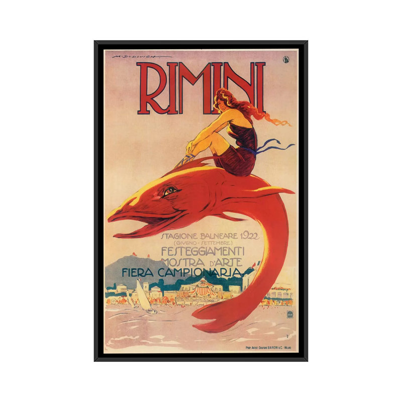 « rimini », affiche rétro sur toile, H 26 po x l 18 po x P 1,5 po, Toile avec cadre noir, Pas de tapis