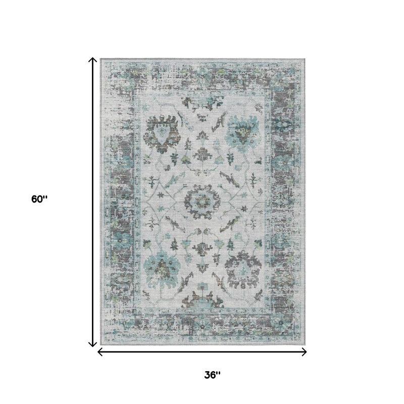 3' X 5' Teal Blue And Gray Floral Washable Indoor Outdoor Area Rug