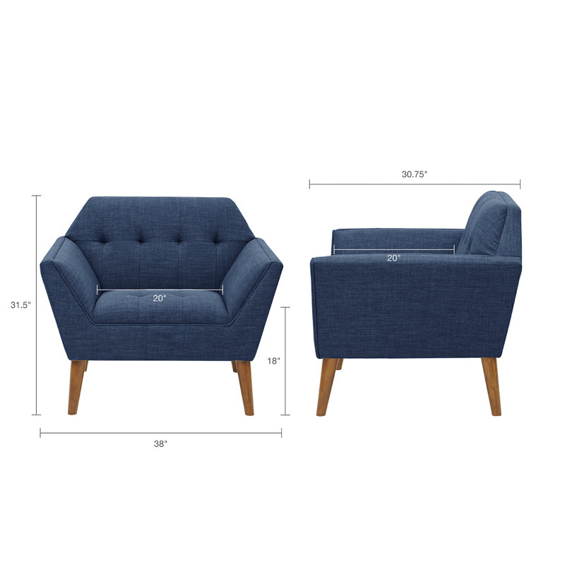 Fauteuil de style Mid-Century moderne, dossier et siège à boutons, accoudoirs, pieds en bois de pacanier, fauteuil bleu avec design Mid-Century, pieds solides en pacane, sièges supplémentaires, revêtement