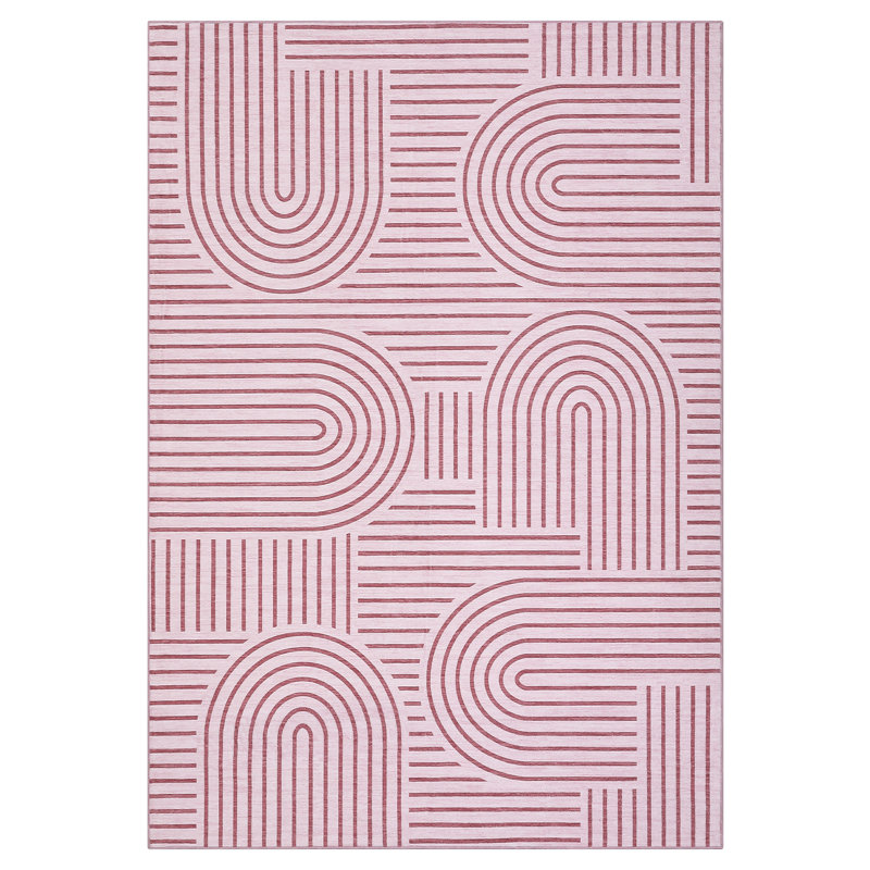 Modern Rug 5x7 Washable Rug for Living Room Abstract Geometric Stripe Carpet Non Shedding Floor Covering Foldable Mat for Bedroom Nursery Pink