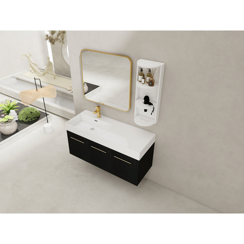 Meuble-lavabo mural 48 po avec lavabo et support de rangement, cuve gauche en résine à bords épais