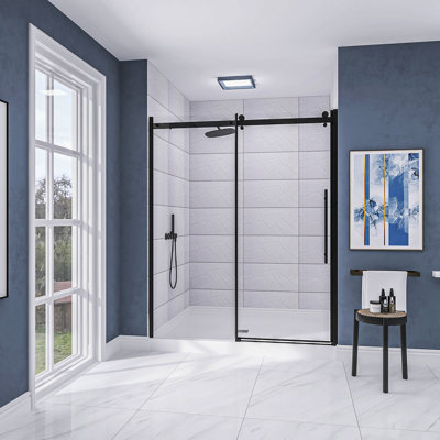 Porte de douche coulissante simple semi-sans cadre l 58,5 "-60" x H 72 "| Verre trempé antidéflagrant 1/4 de pouce (6mm) | Cadre en alliage d'aluminium | Sécuritaire, magnétique, résistant à l'explosion, transparent et élégant, robuste et durable