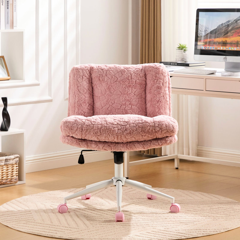 Chaise de bureau rose en fausse fourrure avec siège de 26,4 pouces, inclinaison réglable, pivotant à 360 degrés, pour chambre à coucher et meuble-lavabo