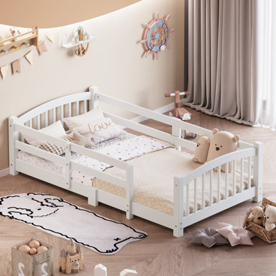 Twin Montessori Floor Bed With Slats And Safety Guardrails, Solid Wood Floor Bed With Fence And Without Door, Easy Assemble Montessori Bed For Girls And Boys, White