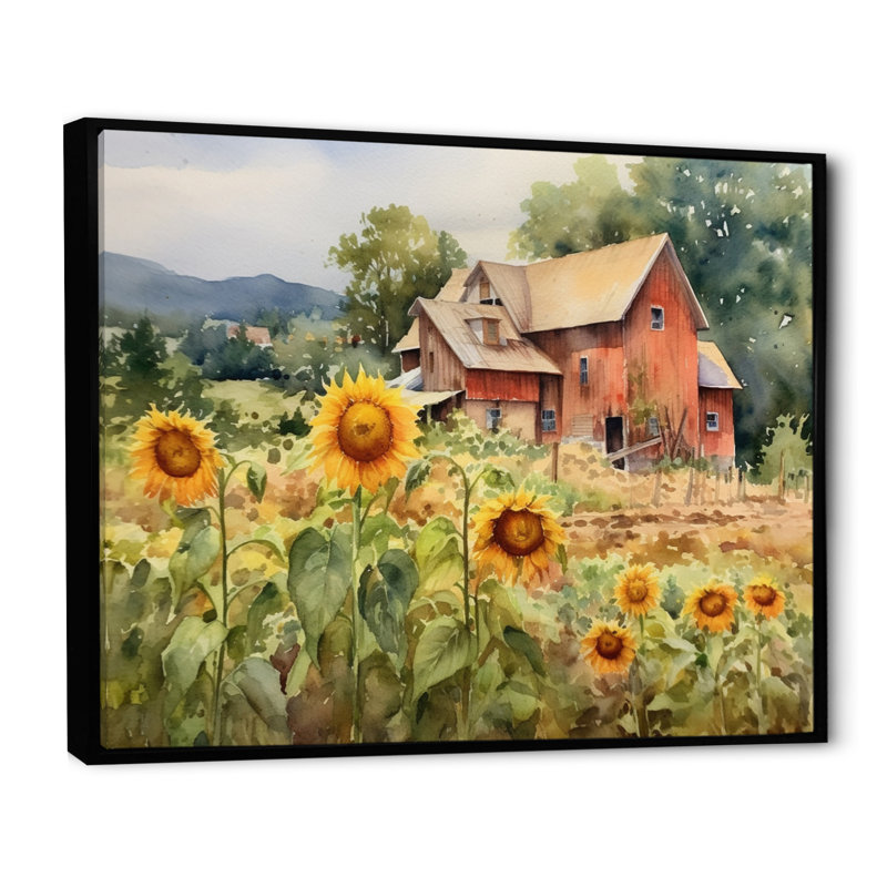 Tournesol doré à la ferme III - art mural floral, H 16 po x l 32 po x P 1 po, Cadre flottant noir