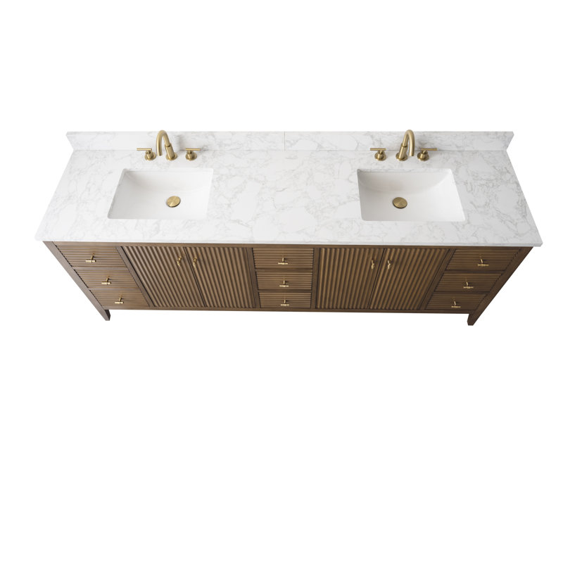 Ensemble de meuble-lavabo autoportant à double cuve 84 po avec plateau en marbre Lavallon, Noyer linéaire, Doré brossé