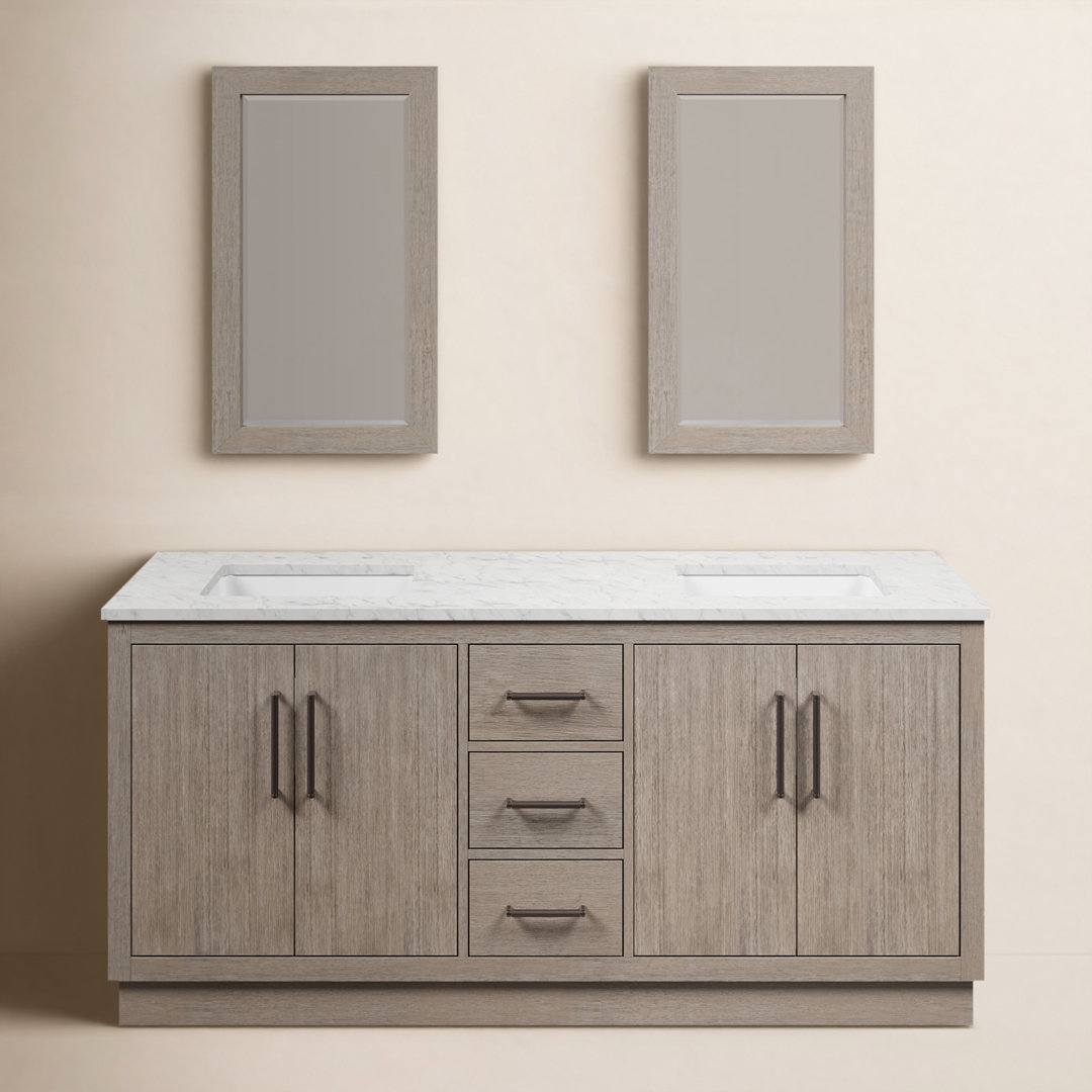 Kamila 72" Carrara White Marble Countertop Bath Vanity in Gray Oak with Mirror Birch Lane™ Hardware