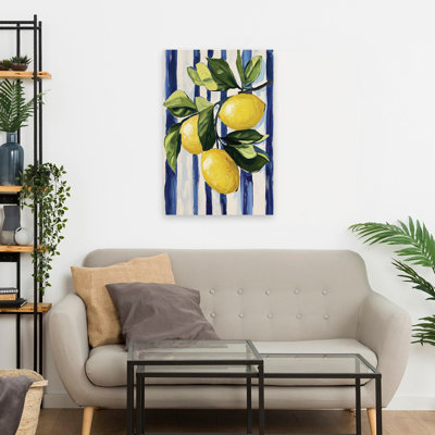 Lemons On Stripes 1 - Coastal  Contemporary Lemon Fruit Botanical Art