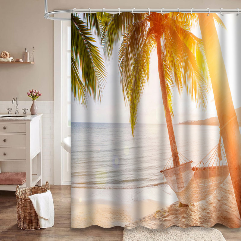 Rideau de douche Palm Tree Sunset Beach Orange avec 12 crochets, 72" L x 72" W