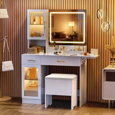Coiffeuse avec miroir, station de charge, ensemble de table de maquillage avec armoires RVB et 3 modes d'éclairage DEL