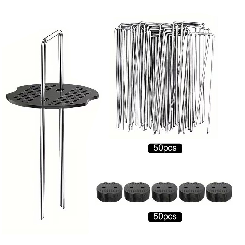 Landscape Staples Set, 6 Inch 11 Gauge Galvanized 50 U-Shaped Pins with 50 Gaskets, Ground Pins for Weed Barrier Fabric, Artificial Turf, Lawn, Tents