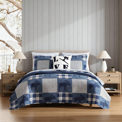King Cotton Reversible Quilt Set With Pillowcases - Moose Plaid/Pinstripe/Patchwork Blue, Lightweight, All-Year