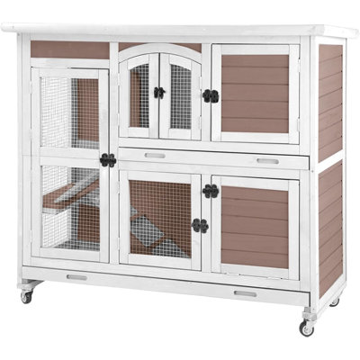 Rabbit Hutch Indoor Rabbit Cage Outdoor Two Story Bunny Cage Bunny Hutch Pull Out Tray Guinea Pig Cage On Wheel(Brown)