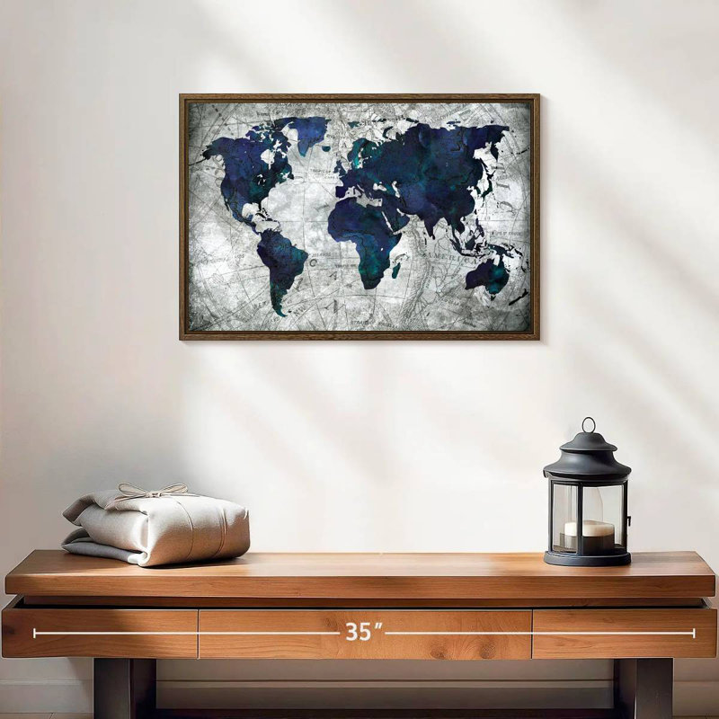 Carte du monde, 19 po x 13 po, Cadre flottant noyer