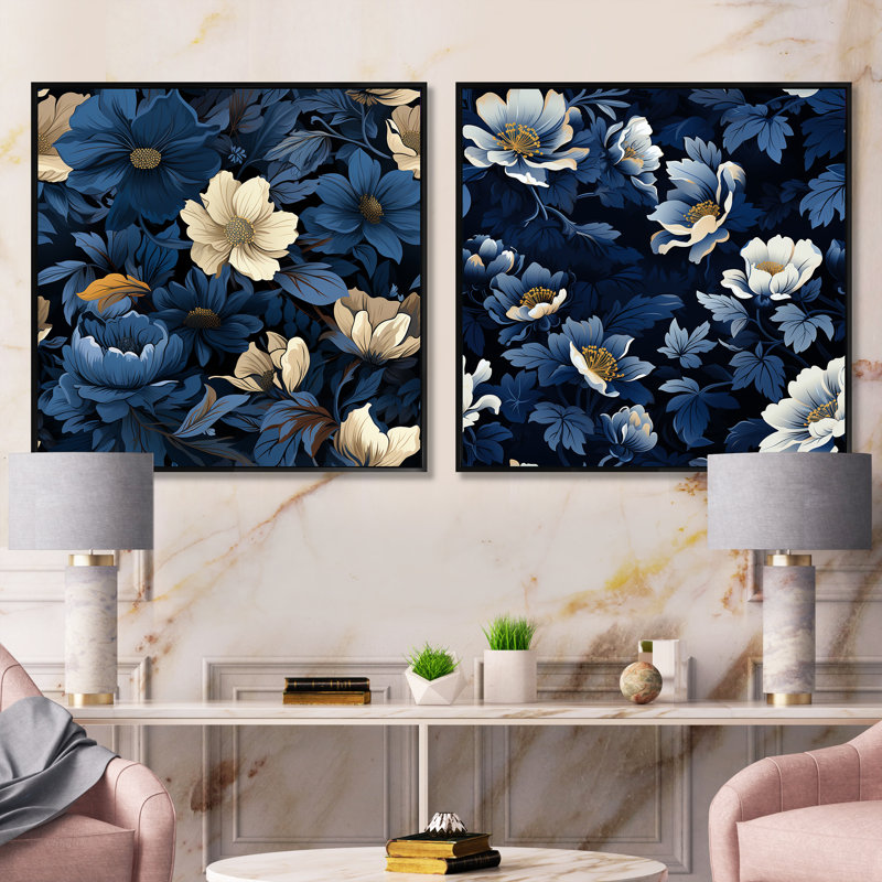 Nightfall - Ensemble de 2 collages carrés bleus et blancs à motif floral, Cadre flottant noir, H 16 po x l 33 po