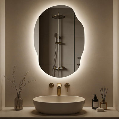 Miroir de salle de bain asymétrique DEL 31 po x 22 po - Miroir de courtoisie rétroéclairé avec antibuée, éclairage à intensité variable en 3 couleurs et fonction mémoire