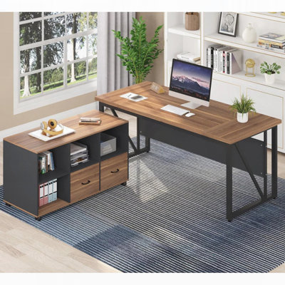 Executive Desk with 47-Inch Mobile File Cabinet, Large Home Office Desk with Drawers and Storage Shelves