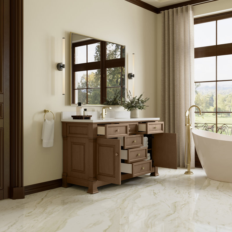 Brookfield Single Vanity, Pecan, White Zeus, Single Hole