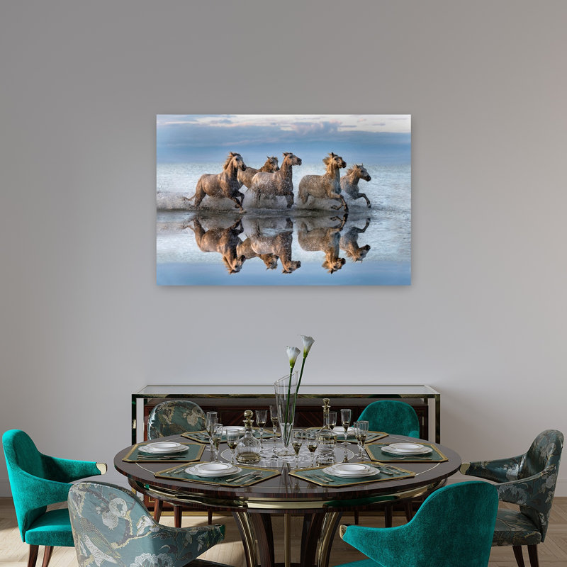 Wild Horses Running Water Contemporary Horse Nature Ocean Wall Art Print 1 Piece Wrapped Canvas Wall Art