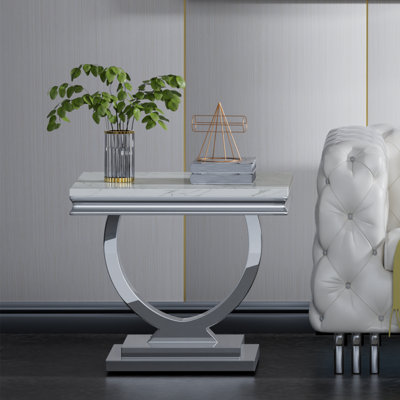 Modern Marble End Table with Stainless Steel Base, 22.8" Luxury Sofa Side Table for Living Room, White Faux Marble Nightstand Bedside Tables Corner Tables for Bedroom, Home Office
