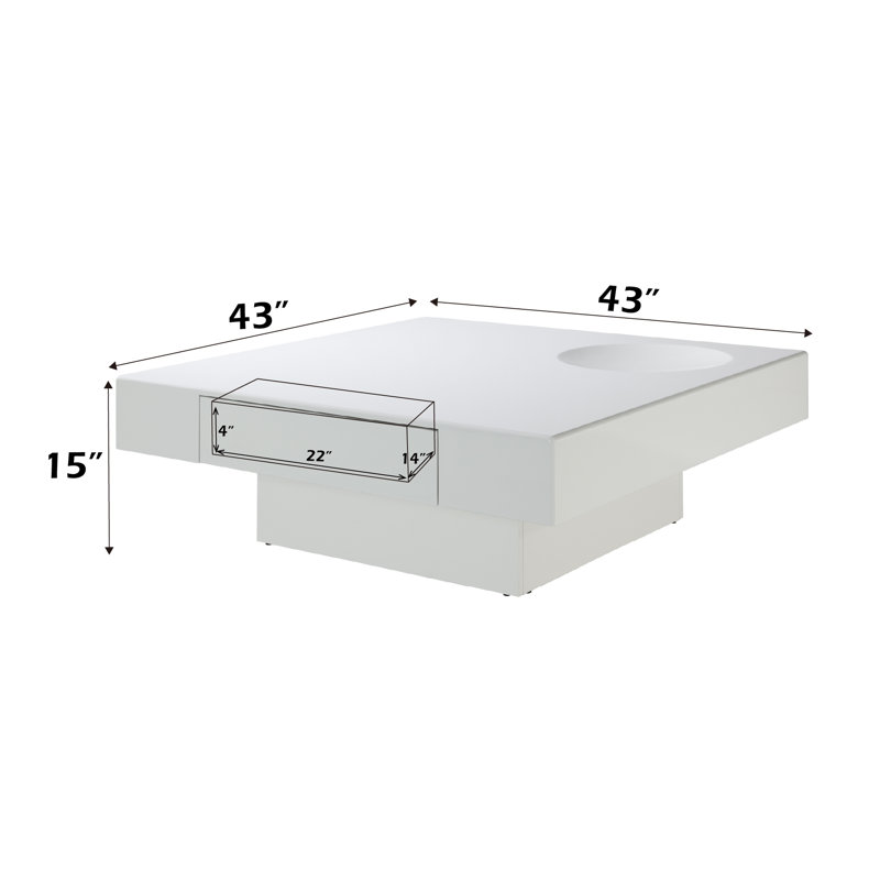 Table basse carrée blanche ultrabrillante avec plateau rond intégré et tiroir de table