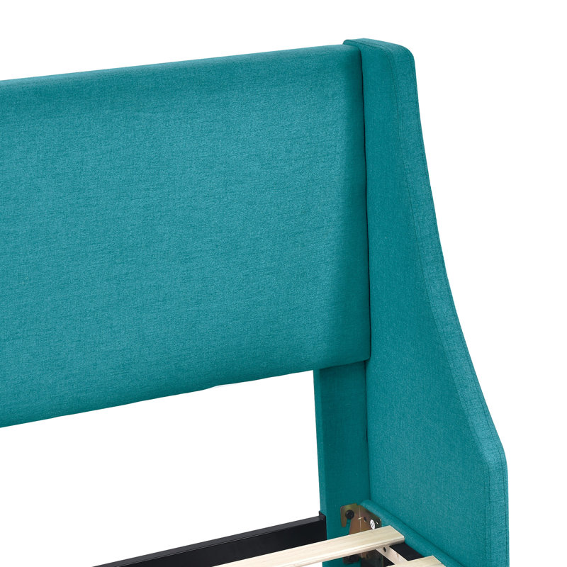 King Platform Bed Frame with Deluxe Wingback Frame / Upholstered with Headboard / Wood Slat Support / Box Spring / Peacock Green