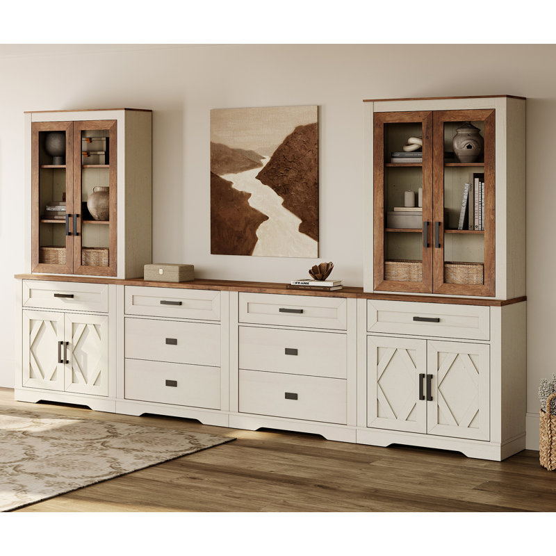 Farmhouse 4-In-1 TV Stand For 70 Inch Tvs, Extra-Large Entertainment Center With Tall Bookcases, 8 Drawers & Barn Door Cabinets, Media Console For Living Room, Bedroom, White Oak