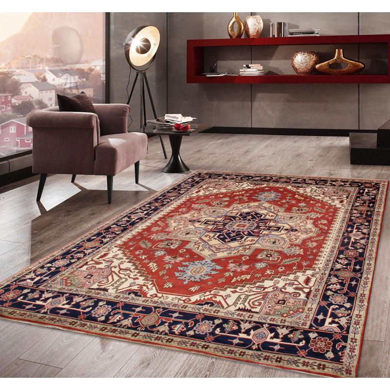 Serapi Hand-Knotted Wool Oriental Area Rug in Red/Navy/Cream, Rectangle 8' x 10', Red/Navy/Cream
