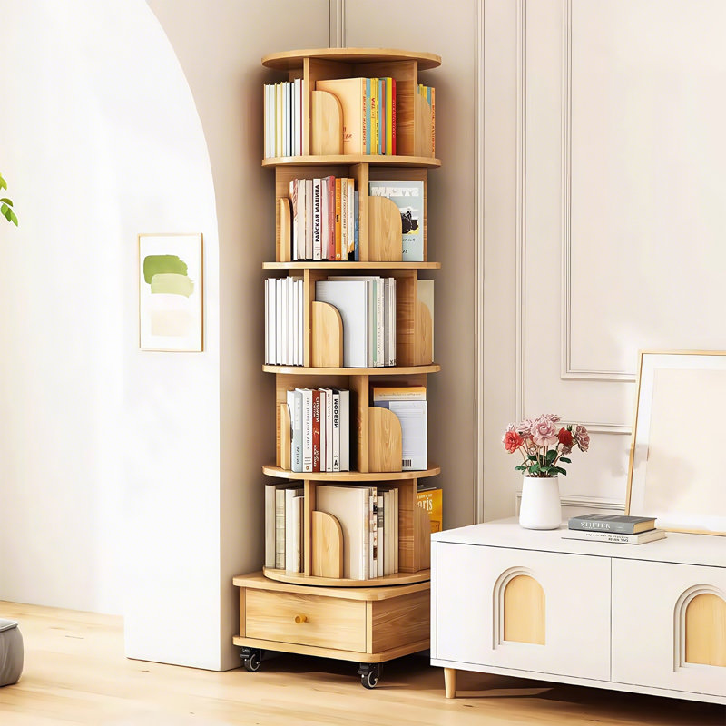 6-Tier Rotating Bookshelf Wood Color - 360° Display with Wheels & Drawer, Multi-Layer Storage for Home Office, Tan
