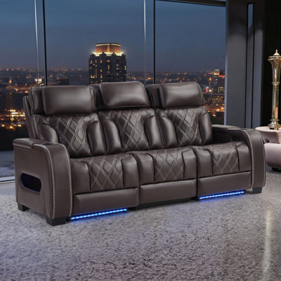 84" Wide Top Leather Power Reclining Sofa With Adjustable Headrest, And Ambient Arm Lighting