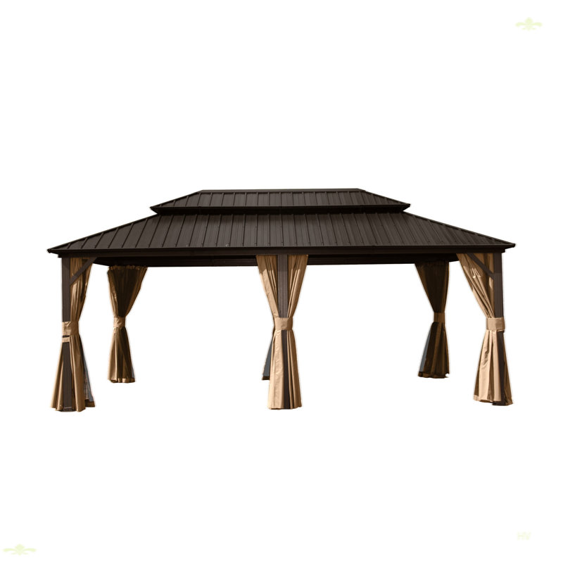 Brown Aluminum Hardtop Gazebo with Galvanized Steel Roof and Curtains