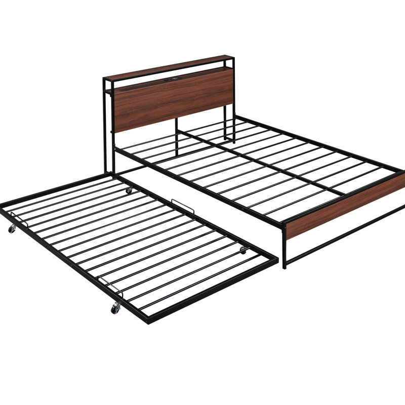 Structure de lit plateforme en métal noir avec lit gigogne, prises de courant et support à lattes pour lit double. Pas de sommier tapissier requis