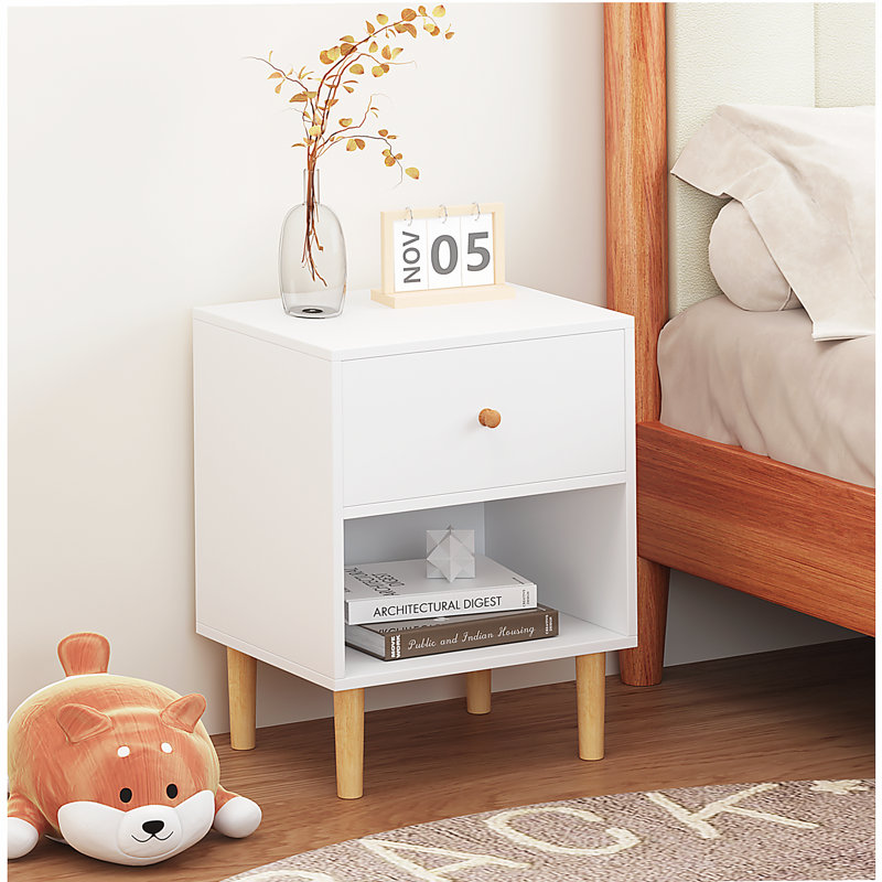 Table de chevet en bois de 23,22 pouces de hauteur avec un tiroir et une tablette, adaptée aux enfants et aux adultes, blanc