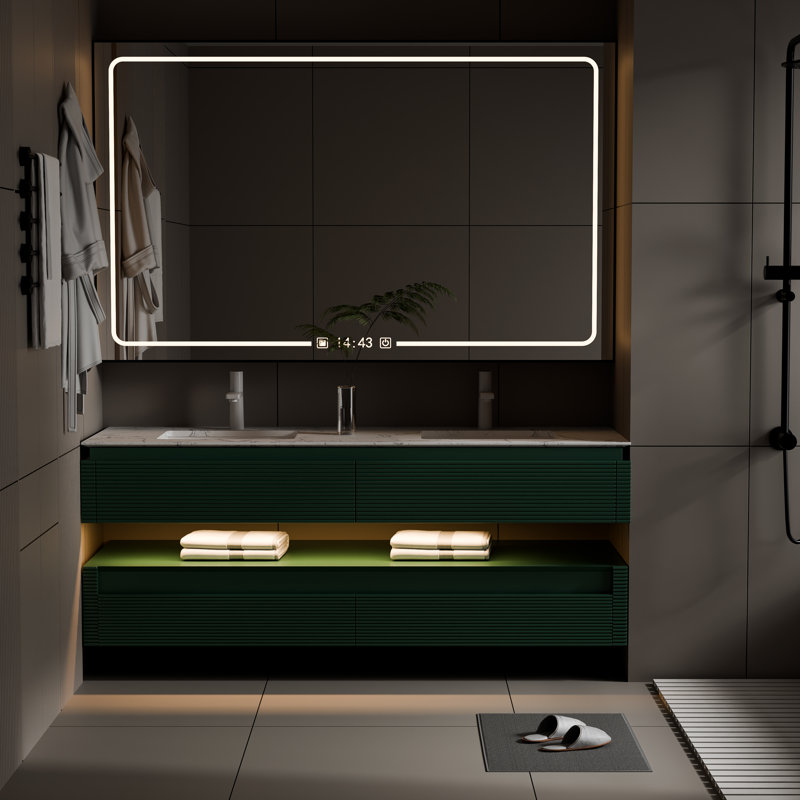 60'' Modern Solid Oak Floating Bathroom Vanity With Artificial Stone Countertop And LED Night Light, Green