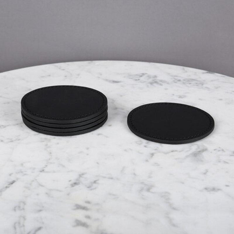 Leather Round 5 Piece Coaster Set, Black