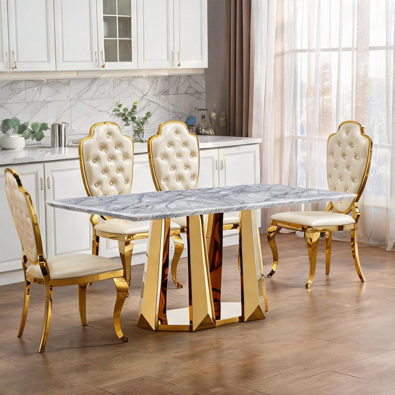 Table de salle à manger moderne de 70 pouces, 6 places, plateau en faux marbre gris classique avec pieds en acier inoxydable doré, pratique pour la cuisine ou le salon