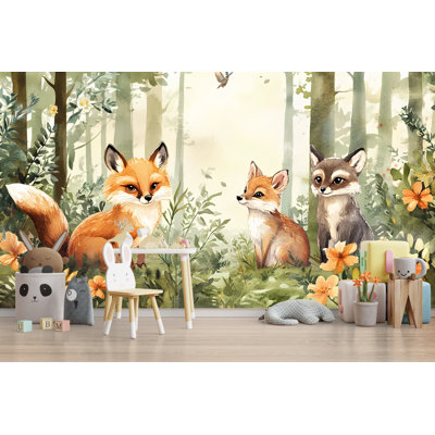Papier peint charmant renards et raton laveur - Aquarelle murale animaux des bois - Décoration murale chambre d'enfant confortable