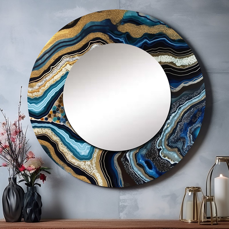 Gold Blue Geode Gems - Stone Geode Gold Round Mirror, 23" x 23", Round