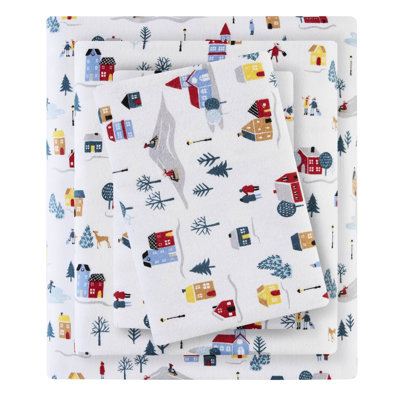 Ensemble de draps 4 pièces à imprimé très grand - imprimé blanc de village, flanelle 100% coton, doux au toucher, lavable à la machine, avec drap plat, 2 taies d'oreiller ajustées, convient aux matelas jusqu'à 14 po
