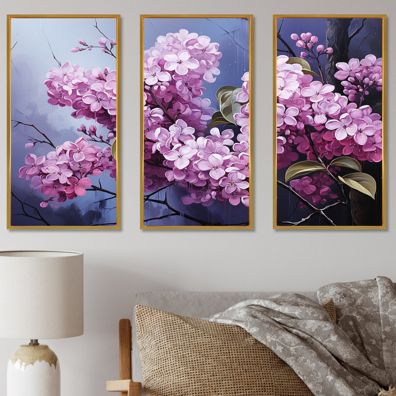 Ensemble de décoration murale surréelle, "Lilas", Cadre flottant doré, H 28 po x l 36 po x P 1 po