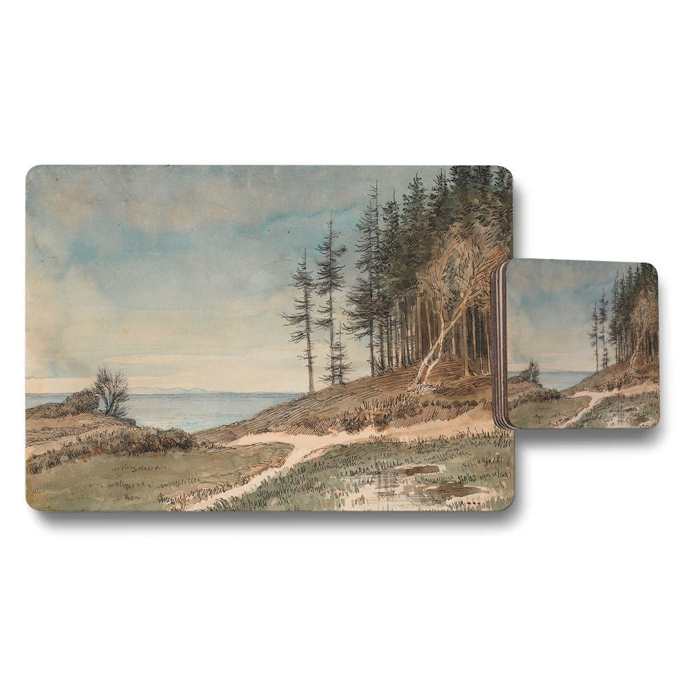 Coastal Landscape Placemat And Coaster Set With Seaside Path